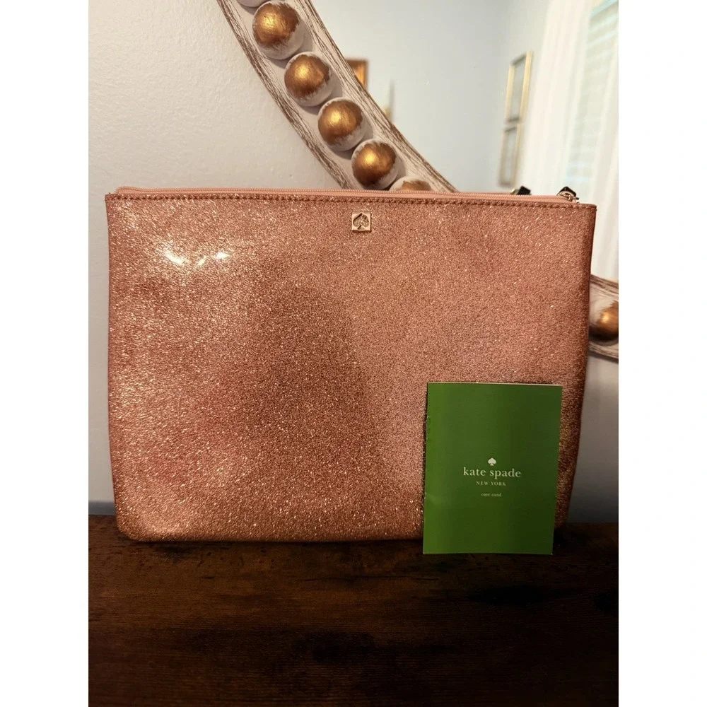 Kate Spade New York Rose Gold Glitter Cosmetic Bag Makeup Pouch MLRU2389 NWOT